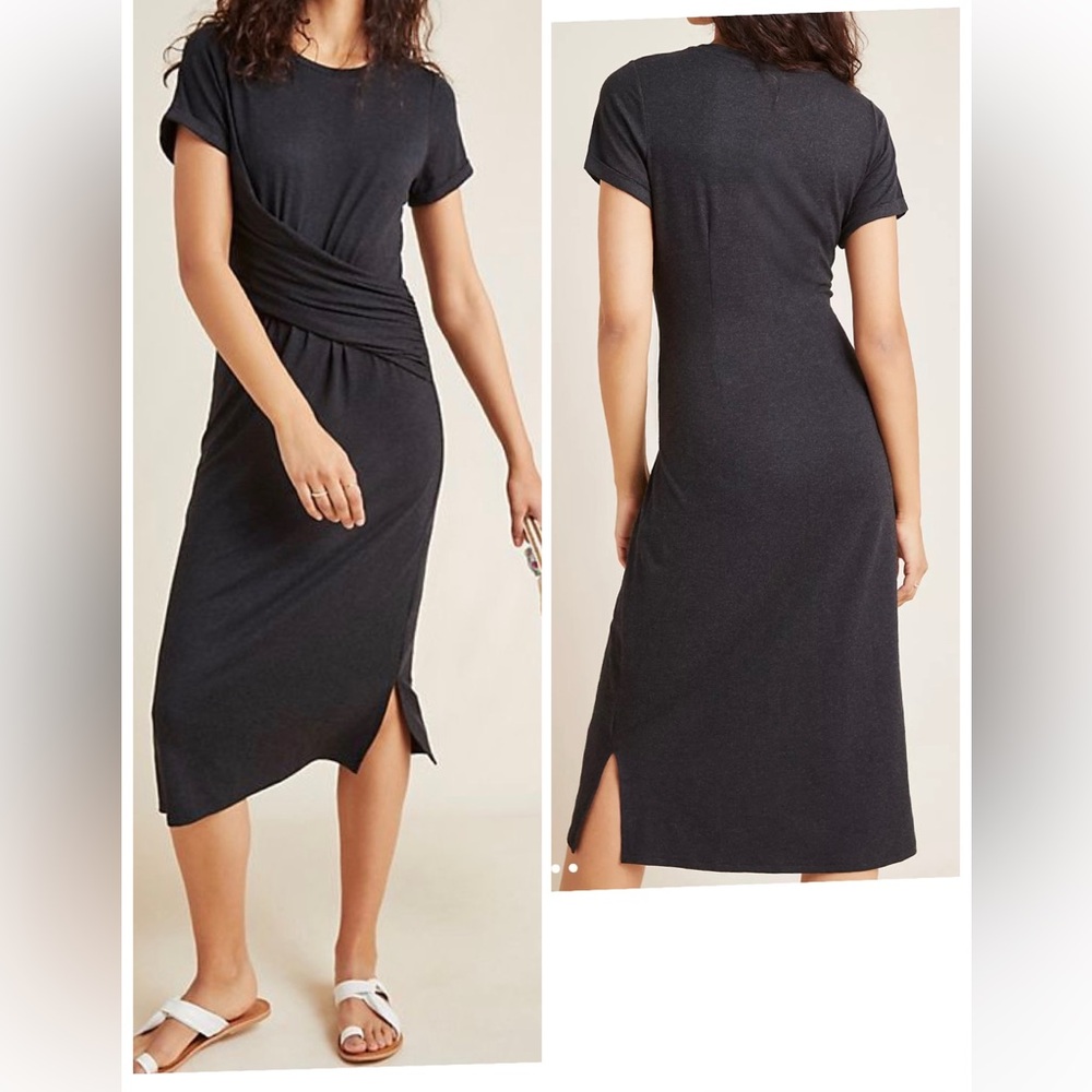 NWT Anthropologie Black Draped Front Midi Dress S Side Slit Minimalist Soft Goth